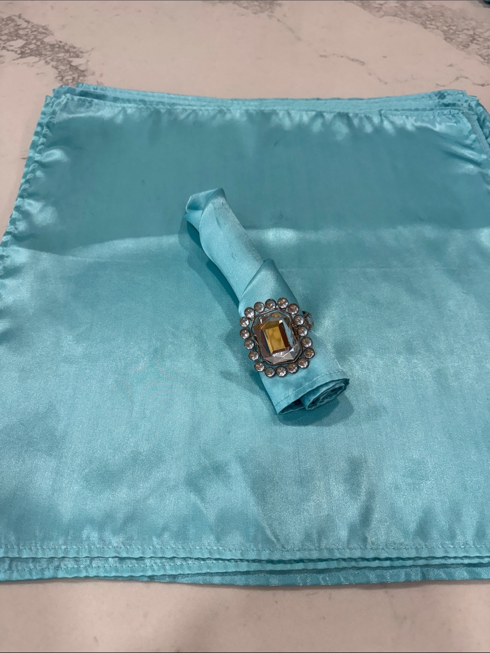 Elegant Light Blue Tiffany Style Satin Napkin Set with Jeweled Ring